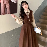 KIylethomasw Vintage Patchwork Dress Long Sleeve Spring Autumn Preppy Style Temperament Clothing Fake Two Piece Female Slim Women Dresses