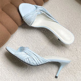 KYLETHOMASW  -  Elegant Women Thin Strap Kitten Heel Mules Open Toe Slip on Sandals Black White Blue Casual Summer Party Slides Shoes