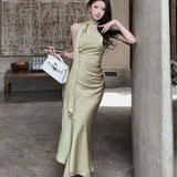 KYLETHOMASW  -  New Women's Maxi Dresses Summer Solid Sexy Sleeveless Off Shoulder Casual Slim Dress High Street Fashion Club Lady Folds Dresses