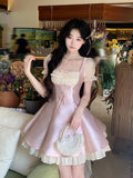 KYLETHOMASW  -  Sweet Lolita Mini Dress Women Pearl Lace Trim Bowknot Puff Sleeve High Waist Ruffle Princess Kawaii Japanese Fashion Daily Wear