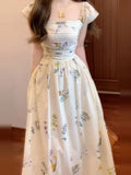 KYLETHOMASW  -  French Square Collar Flying Sleeve Floral Dress Women Summer New Patchwork A Line Dress High Waist Backless Temperament Vestidos