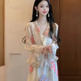 KYLETHOMASW  -  Elegant Floral Print Skirt Set Spring Ruffle V-Neck Lace-up Blouse+A-Line Midi Skirt Women Casual Holiday Two Piece Outfit 273A