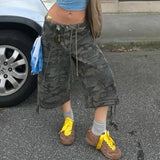 KYLETHOMASW  -  American Retro Cargo Denim Shorts Vintage Camouflage Print Loose Drawstring Short Pants Y2k Aesthetic Cyber Grunge Streetwear