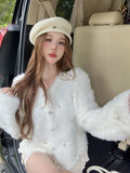 KYLTHOMASW  -  Sweet Hot Girl Mink Fur Knitted Cardigan Women's Autumn and Winter Loose O-neck Long-sleeved Short Top Fashion Female Clothes