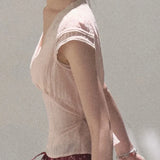 KYLETHOMASW  -  Sweet Shirts Women V Neck Lace Patchwork Bandage Slim Summer Fashion New Crop Tops Female Y2k Harajuku Casual Blouse