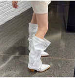 KYLETHOMASW  -  Vintage Pleated Belt Buckle Faux Suede Women Knee High Boots Autumn Winter Fashion High heels Western Cowboy Knight Boots Shoes