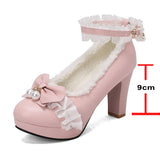 KYLETHOMASW  -  Women Ankle Strap Lolita Pumps Round Toe Thick High Heels Buckle Ruffles Bow Kawaii Ladies Cosplay Shoes Spring Autumn