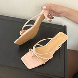 KYLETHOMASW  -  Fashion Shallow Women Thin Heel Slippers Slides Square Toe Ladies Medium Heel Slippers Sandals Shoes Female Flip flops Pumps