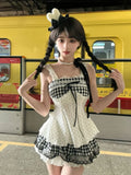 KYLETHOMASW  -  Sweet Lolita Kawaii Summer Two-piece set Women Cami Top Bowknot Lace Plaid Cake Skirt High Waist Ruffle Cute Daily Japan Fashion
