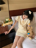 KYLETHOMASW  -  Summer Yellow Fashion 2 Piece Sets Cute Girl Short Puff Sleeve Lace Doll Collar Shirt Top&Mini Skirt 2pc Dress Suits
