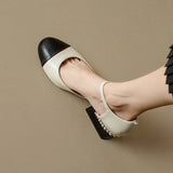 KYLETHOMASW  -  Women Sheepskin Leather Pumps Pearls Chunky Heels Shoes Brand Designer Two Tone Buckle Pumps Wedding Party Dressy Shoes