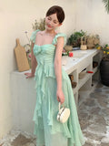 KYLETHOMASW  -  French Vintage Summer Green Elegant Sexy Evening Party Long Dress Women Sleeveless Backless Vacation Ruffles Slip Fairy Dress