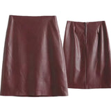 KYLETHOMASW  -  Winter French Minimalist Burgundy Leather Skirt With High Waist Zippers Straight Leg Mini Skirts Womens