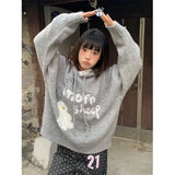 Kylethomasw Kawaii Snowman Hooded Sweatshirt Women Gray Ribbed Hoodies Knitwear Korean Fashion Oversize Cutecore Winter Clothes Chic