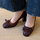 KYLETHOMASW  -  Retro Brown Chunky Heel Women Pumps Fashion Tie Bow Design Square Toe Mary Jane Shoes Spring Comfort Banquet Women's Shoes