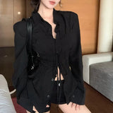 Kylethomasw Vintage Drawstring Pleated Casual Long-sleeved Shirt Women 2024 Summer New Streetwear Polo Collar Solid Color All-match Tops