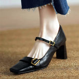 KYLETHOMASW  -  Metal Buckle Decoration Mary Jane Shoes Women Comfortable Leather High Heels Elegant Chunky Heel Women Pumps Zapatos De Mujer