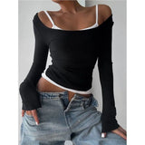 KYLETHOMASW  -  Womens Long Sleeve Shirt & White Camisole Sets Off The Shoulder Going Out Tops Tees Y2K Outfits