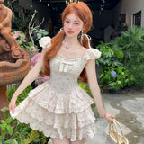 KYLETHOMASW  -  2025 Girl Dress Sweet Floral Square Neck Bow Women Korean Version Slimming Style Spliced Fluffy Cute Sweet Dresses
