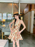 KYLETHOMASW  -  Sexy Halter Neck Lace Dress Women's Summer French Slim Fit Plaid A-line Short Dress Fashion Female Clothes