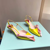KYLETHOMASW  -  Yellow Pointed Toe Bowknot Satin Cat Heel Sandals Woman Summer 2025 Heart Color Matching Buckle Strap Closed High Heel Shoes