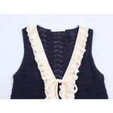 KYLETHOMASW  -  Women Contrasting Ruffle Knit Tank Tops Sexy V Neck Front Tie Holiday Casual Summer Crop Top