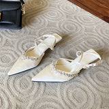 KYLETHOMASW  -  Spring CRYSTAL Pointed Toe Narrow Band Woman Pumps Sandals Elegant Thin Low Heels Slingbacks  Buckle Strap Female Shoes