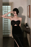 KYLETHOMASW  -  Sexy Backless Black Diamond Straps Dress Women French Hepburn High Split Velvet Dress Sleeveless Hollow Out Evening Party Dress