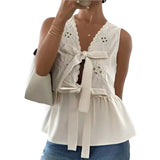 KYLETHOMASW  -  Women's Tie Front Blouse V Neck Sleeveless Shirt Eyelet Embroidery Ruffle Peplum Tops