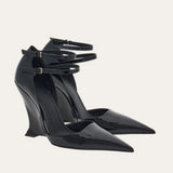 KYLETHOMASW  -  Elegant Pointed Toe Wedge Heel Women's Pumps and Heels Double Ankle Strap Buckle Wedding Women's Shoes Fashionab Women's Sandals