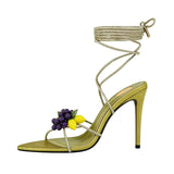 KYLETHOMASW  -  Women's  Rhinestone Ankle Wrap Stiletto Sandals Coral Grape‑Shaped Bead Decor Open‑Toe High Heels Crystal Thin Strappy