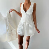 KYLETHOMASW  -  Women Sexy Outfit Sleeveless Vest Top Suit Party Club Blazer Vest Tops Mini Elegant Pleated Skirt Summer Two Piece Set 2025