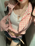 Kylethomasw Y2k Pink Plaid Women Shirts Check Graphic Long Sleeve Blouses Female Spring Autumn Sexy Slim Button Up Cardigan Chic Ins