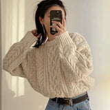 KYLETHOMASW  -  Women Thick Twisted Sweater Autumn Long Sleeve O-neck Female Vintage Knitted Pullover Solid Casual Loose Lady Kintwear Tops T587