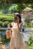 KYLETHOMASW  -  Women Summer Floral Print Ruffle Bow Sweet Sexy Fairy Mini Dress High Waist Sleeveless Slim Square Collar A Line Dresses Vestido
