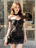 KYLETHOMASW  -  French Hepburn Style Lace Hollow One-shoulder Dress for Women Pure Sexy Sexy Hot Girl Waist-hugging Short Skirt