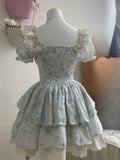 KYLETHOMASW  -  Vintage Lace Patchwork Square Collar Print Dress Women Y2k Aesthetic Puff Sleeve Fairy Dresses Kawaii Girl Ruffled Mini Vestidos