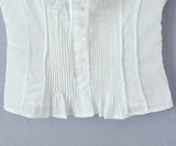 KYLETHOMASW  -  White Spliced Lace Slash Collar Ribbon Bow Strap Summer Corset Women Summer Tank Tops Pleated Slim Through Buttons Crop Top