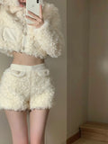 KYLETHOMASW  -  Lamb Fur Shorts Set  Autumn and Winter New Fashion Plush Warm Slim Short Coat+High Waist Short Two Piece Sets Women Outfits