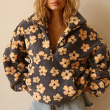 KYLETHOMASW  -  Casual Lamb's Wool Patchwork Women Coat Print 3d Flower Pocket Long Sleeve Zippers Female Jacket 2025 Autumn Winter Lady Outwear