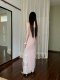 KYLETHOMASW  -  New Chinese Style Stand Collar Cheongsam Lace Pink Dress Slim Waist Long Skirt