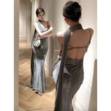 Kylethomasw  V-neck Sexy Backless Slim Fishtail Dress Women 2024 Spring New Korean Fashion Elegant Floor-length Party Dress with Scarf