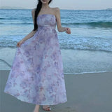KYLETHOMASW  -  Women Summer Floral Print Sexy Off Shoulder Backless Elegant Party Dresses High Waist Lace-up Sleeveless Slim Beach Maxi Dress