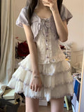 KYLETHOMASW  -  Sweet Lolita Kawaii Lavender White Lace Puff Sleeve 3 Piece Set Women Girls Bow Tiered Mini Cake Skirt Outfit Daily Party