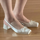 KYLETHOMASW  -  Elegant satin bow square-toed open-back sandals for women, spring collection, gentle elastic strap high-heeled shoes