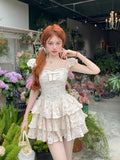 KYLETHOMASW  -  2025 Girl Dress Sweet Floral Square Neck Bow Women Korean Version Slimming Style Spliced Fluffy Cute Sweet Dresses