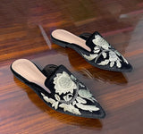 KYLETHOMASW  -  Embroidery Velour Shoes Woman Strange Heel Slippers Design Mules Femme Pointed Toe Wedges Tacones Slides Slip On Pantuflas Mujer