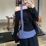 Kylethomasw High Street Contrast Color Patchwork Long-sleeved T-shirt Women 2024 Autumn New Off-shoulder Lace-up Sexy Slim Irregular Tops