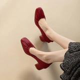 KYLETHOMASW  -  Women Oxford Shoes Vintage Pumps Mid Heels Square Toe Pumps Slip on Sewing High Heels Boat Shoes Elegant Dress Shoes