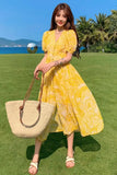 KIylethomasw Summer Bohemian Yellow Women's Senior Sense Chiffon V-neck High Waist Thin Temperament Elegant Fashion Seaside Resort Long Dress